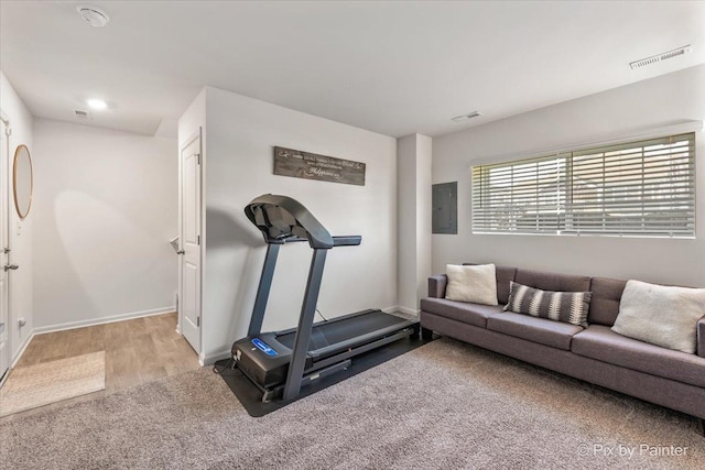 workout room with electric panel and light hardwood / wood-style flooring