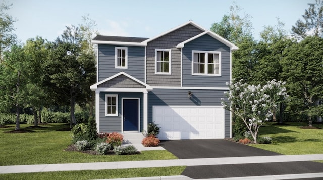 view of front of home featuring a front yard and a garage