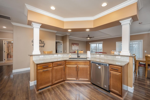 kitchen featuring dishwasher, dark hardwood / wood-style floors, ornamental molding, and sink