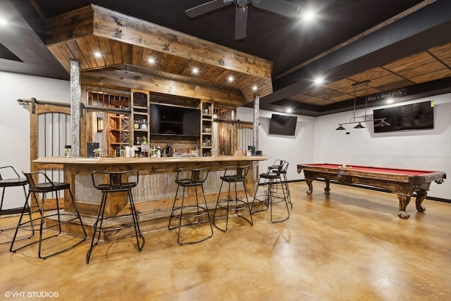 bar featuring ceiling fan, a barn door, wood ceiling, and billiards