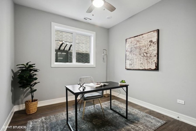 office space featuring ceiling fan and dark wood-type flooring