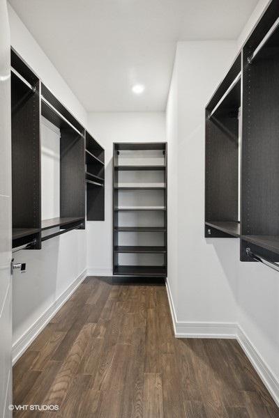 walk in closet with dark wood-type flooring