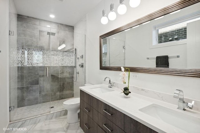 bathroom with vanity, toilet, and walk in shower