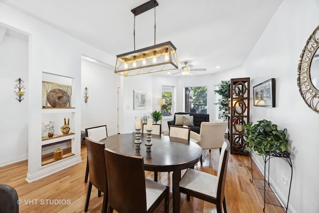 dining space featuring ceiling fan and light hardwood / wood-style flooring