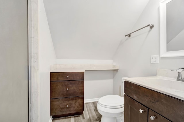 bathroom featuring vanity, a shower with door, hardwood / wood-style floors, toilet, and lofted ceiling