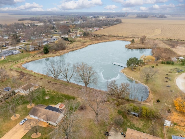 bird's eye view featuring a rural view and a water view