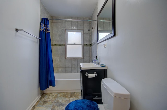 full bathroom featuring vanity, toilet, and shower / bathtub combination with curtain