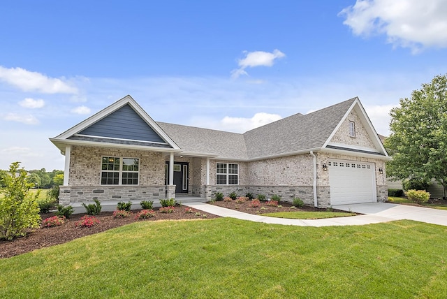 craftsman-style house featuring a front yard, a porch, and a garage