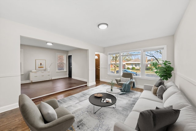 living room featuring dark wood-type flooring