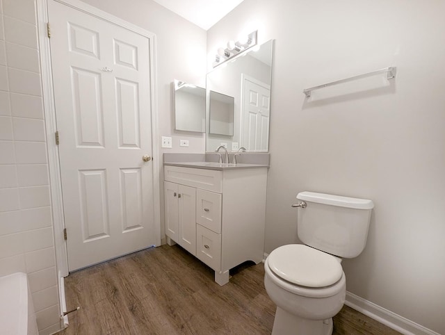 bathroom with vanity, toilet, and wood-type flooring