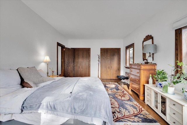 bedroom with two closets and hardwood / wood-style flooring