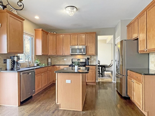 kitchen with backsplash, a kitchen island, appliances with stainless steel finishes, dark wood-style floors, and a sink