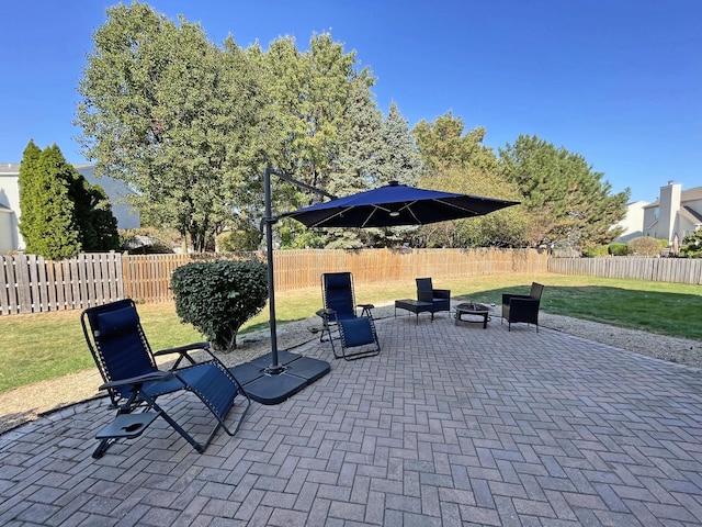 view of patio / terrace featuring a fire pit and a fenced backyard