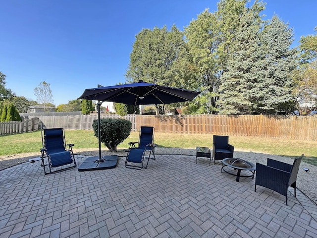 view of patio with a fenced backyard and an outdoor fire pit