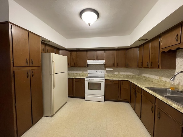 kitchen with dark brown cabinets, sink, and white appliances