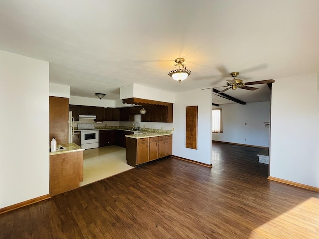 kitchen featuring dark hardwood / wood-style flooring, white appliances, dark brown cabinetry, and sink