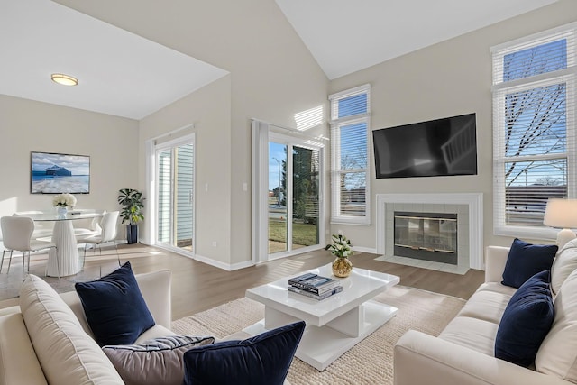 living room featuring vaulted ceiling, a fireplace, and light hardwood / wood-style floors