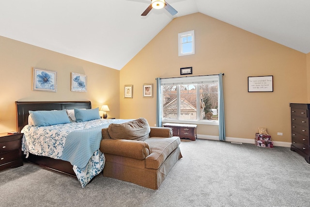 bedroom with ceiling fan, carpet, and lofted ceiling