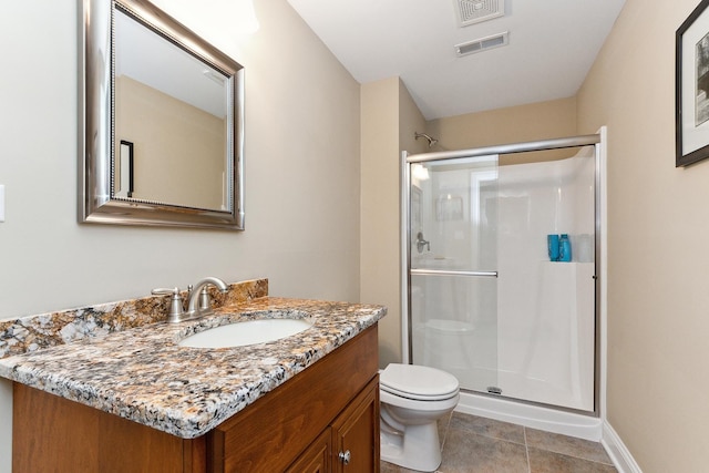 bathroom with tile patterned flooring, vanity, toilet, and a shower with shower door