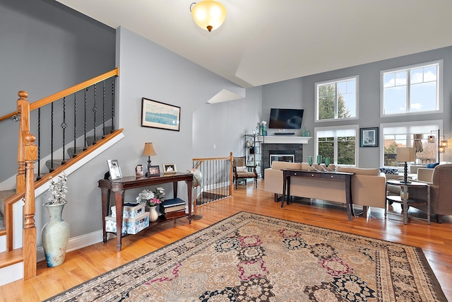 living room with hardwood / wood-style flooring and a high ceiling