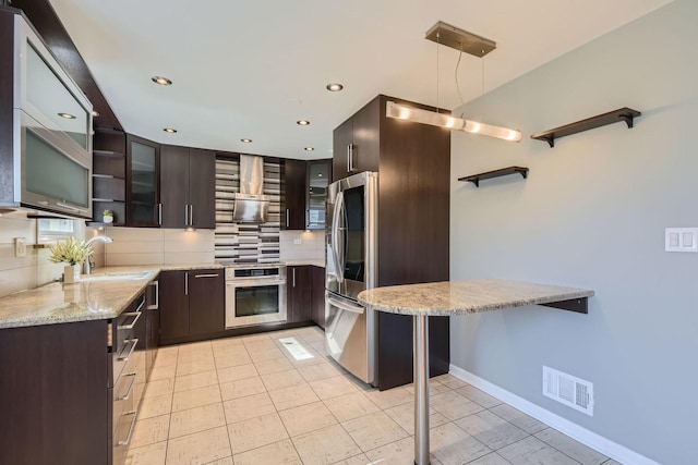 kitchen featuring open shelves, visible vents, smart refrigerator, wall oven, and dark brown cabinets