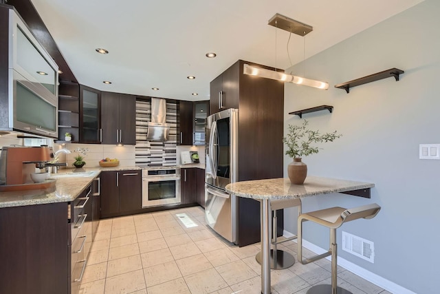 kitchen with visible vents, oven, dark brown cabinets, smart refrigerator, and open shelves