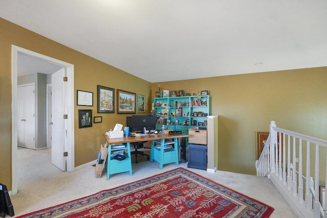 home office featuring light carpet