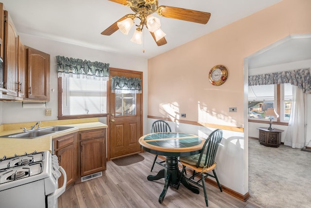 dining space with plenty of natural light, ceiling fan, sink, and light hardwood / wood-style flooring