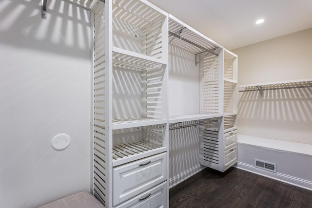 spacious closet with dark hardwood / wood-style flooring