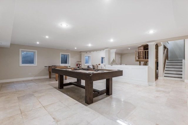 recreation room with light tile patterned floors and billiards