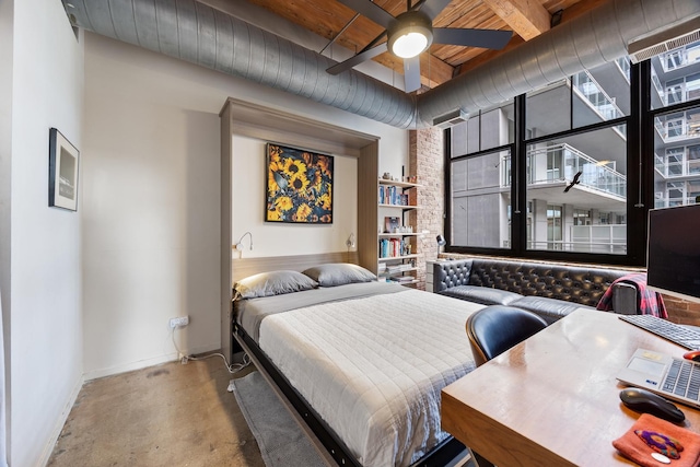 bedroom with ceiling fan, a towering ceiling, beamed ceiling, and wooden ceiling