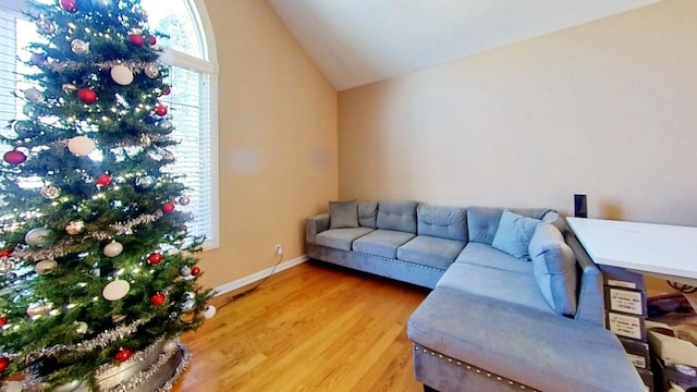 living room with wood-type flooring and vaulted ceiling