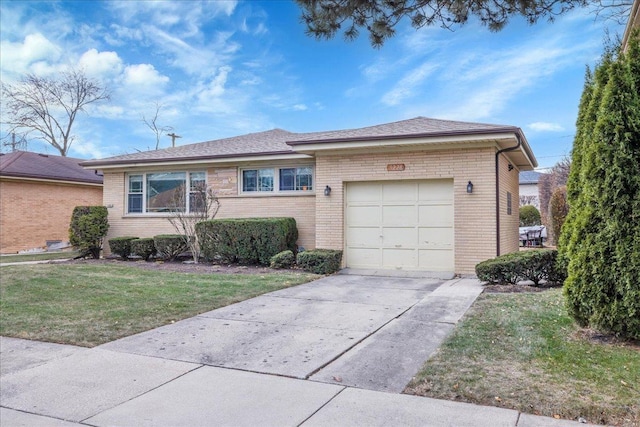 single story home with a garage and a front lawn