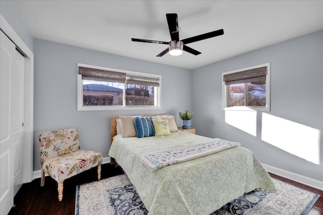 bedroom with ceiling fan, a closet, dark hardwood / wood-style flooring, and multiple windows