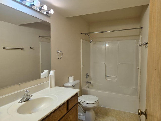 full bathroom featuring bathtub / shower combination, vanity, and toilet