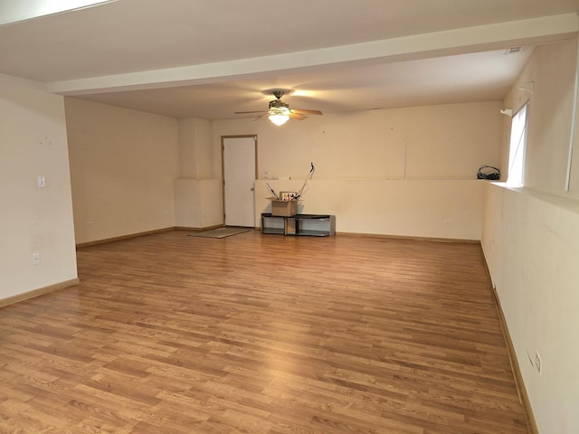 empty room with ceiling fan and light hardwood / wood-style floors