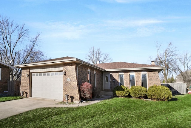 single story home featuring driveway, a garage, brick siding, fence, and a front yard