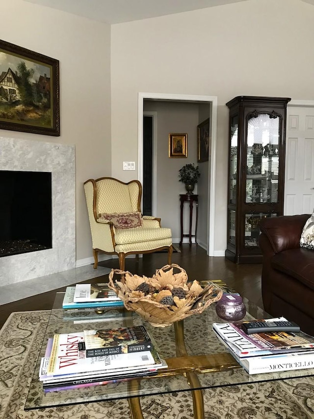 living room featuring dark hardwood / wood-style floors and a fireplace