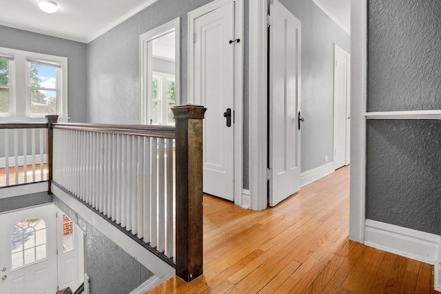 hallway with ornamental molding and light hardwood / wood-style floors