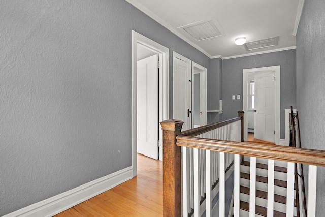 hallway with crown molding and hardwood / wood-style flooring