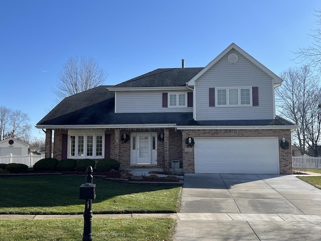 front facade with a garage and a front lawn