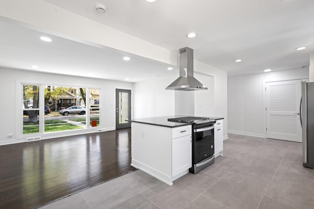 kitchen featuring white cabinets, light wood-type flooring, ventilation hood, and stainless steel appliances