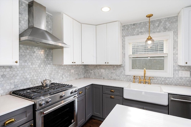 kitchen with backsplash, white cabinets, wall chimney range hood, sink, and stainless steel appliances