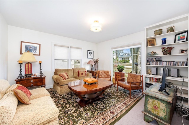 living area featuring carpet