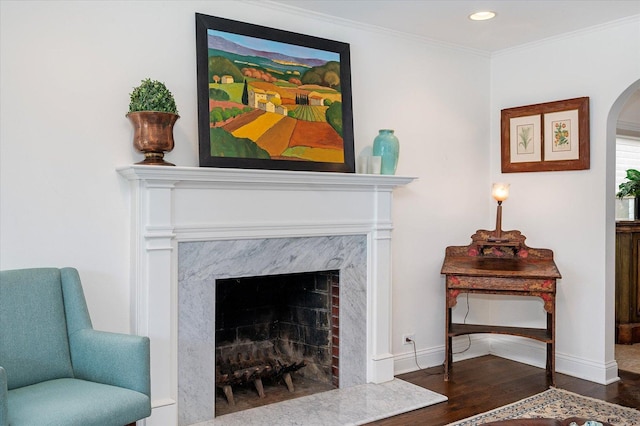 living area featuring dark hardwood / wood-style flooring, a high end fireplace, and ornamental molding