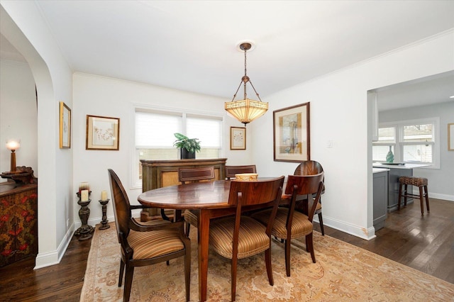 dining space with a wealth of natural light, crown molding, and dark wood-type flooring