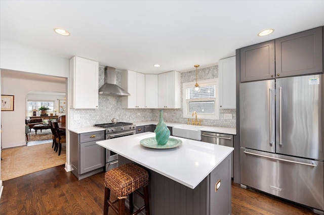 kitchen with wall chimney exhaust hood, plenty of natural light, stainless steel appliances, and dark wood-type flooring