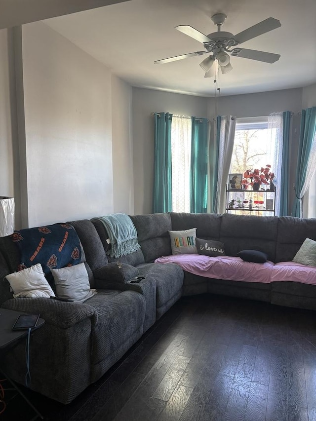 living room with hardwood / wood-style floors and ceiling fan