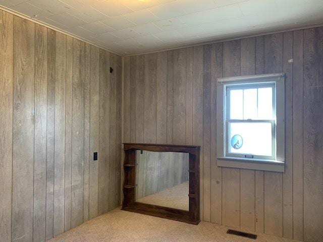 interior space with light carpet and wooden walls