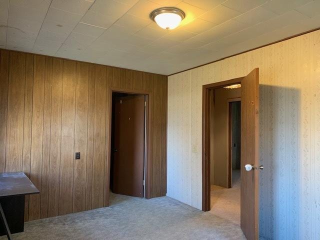 interior space featuring light carpet and wooden walls